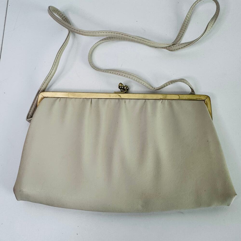Vintage Andre Clasp Clutch Handbag Purse 1960s Cream Crossbody Gold  Leather